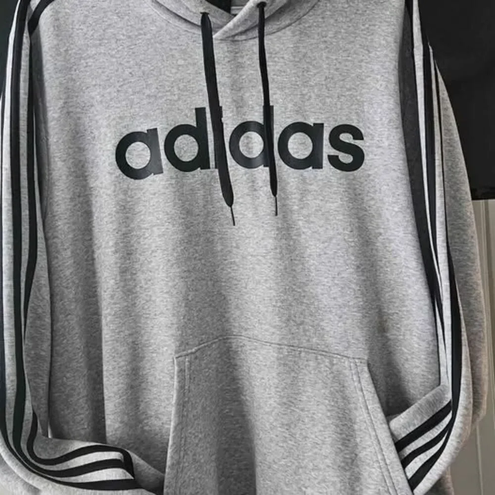 Men Gray preowned Adidas Essential 3 strip longsleeve pullover hoodie fleece 2XL